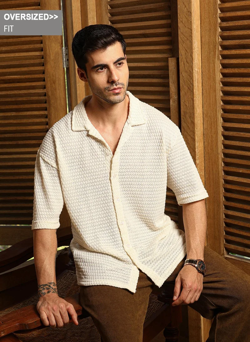 Campus Sutra Campus Sutra Men's Daisy White Oval-Tactile Knit Shirt For Casual Wear | Cuban Collar | Short Regular Sleeves | Button Closure | Oversized Shirt Crafted With Comfort Fit For Everyday Wear
