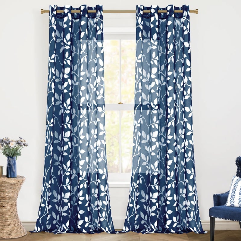 XTMYI Navy Blue Pattern Curtains 84 Inch Length for Living Room 2 Panels SetLeaf Floral Design Patterned Sheer Curtains 84 Inches LongDark Blue and White