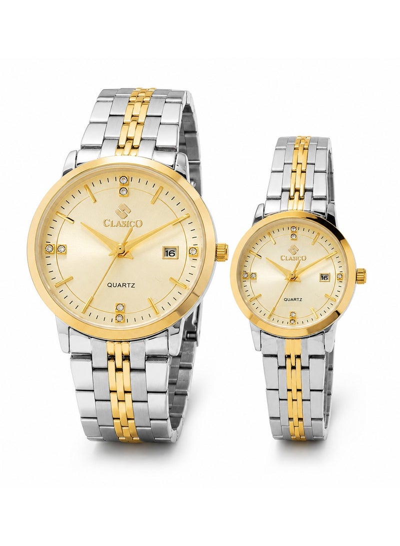 Clasico Signature Couple Watches Set for Men & Women – Elegant Tone Matching Couple Quartz Watches – Gold/Silver Case - Image 1