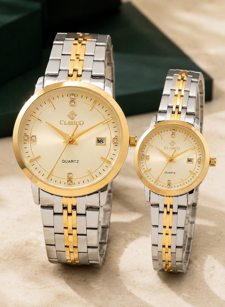 Clasico Signature Couple Watches Set for Men & Women – Elegant Tone Matching Couple Quartz Watches – Gold/Silver Case - Image 5