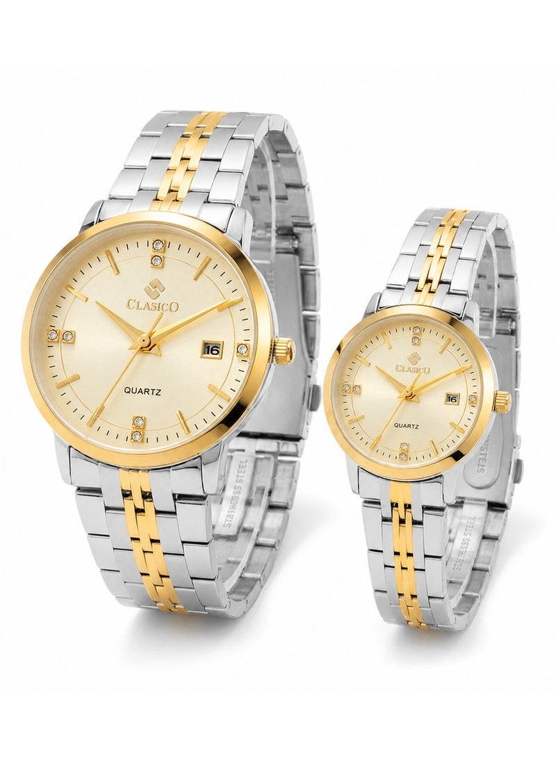 Clasico Signature Couple Watches Set for Men & Women – Elegant Tone Matching Couple Quartz Watches – Gold/Silver Case - Image 2