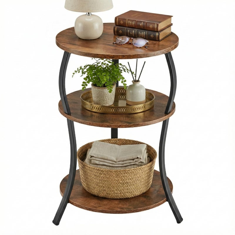 YEAKOO Round Side Table, 3-Tier End Table with Storage Shelf for Narrow and Small Spaces, Round Sofa Table Vintage Corner Tables for Living Room,Bedroom Nightstand/Rustic Brown - Image 1