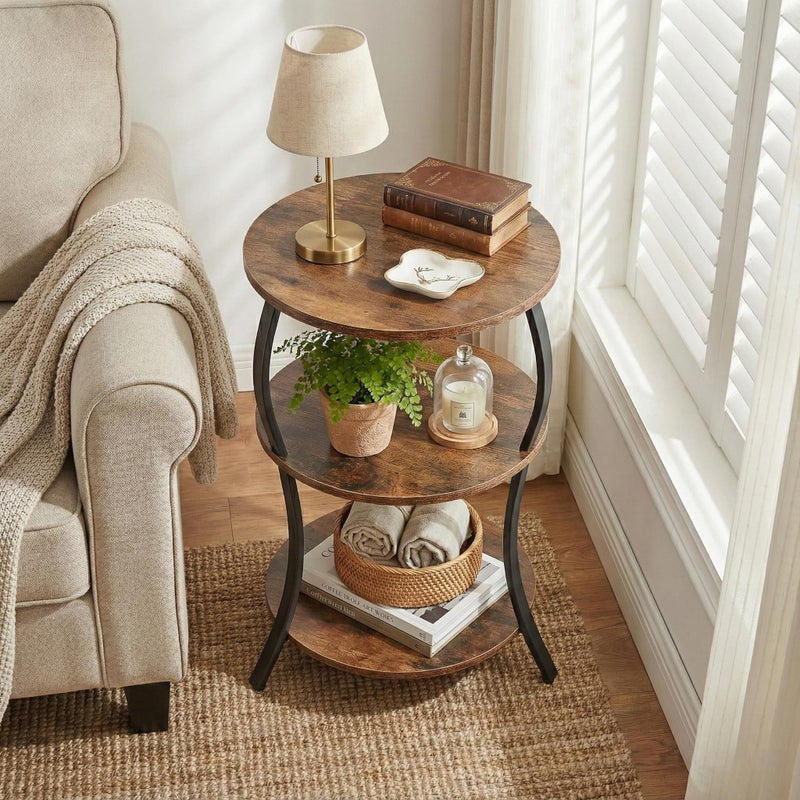 YEAKOO Round Side Table, 3-Tier End Table with Storage Shelf for Narrow and Small Spaces, Round Sofa Table Vintage Corner Tables for Living Room,Bedroom Nightstand/Rustic Brown - Image 2