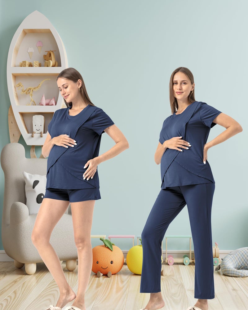 Rnxrbb 3 Piece Postpartum Nursing Pajamas Set Double Layer Maternity Breastfeeding Pjs Sleepwear for Women,Navy 2XL - Image 4