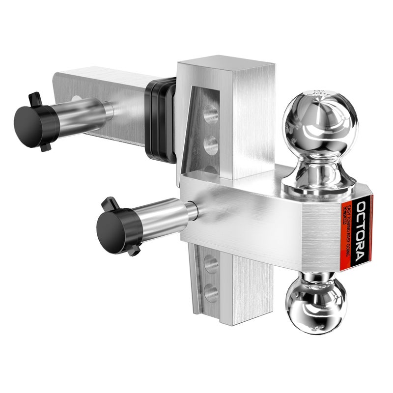 OCTORA Adjustable Trailer Hitch (Fits 2-Inch Receiver) - Aluminum Tow Hitch with 6-Inch Drop/Rise for Truck (12,500 LBS GTW) - Double Anti-Theft Locking Hitch Pins (Silver, 2inch-6Drop) - Image 1