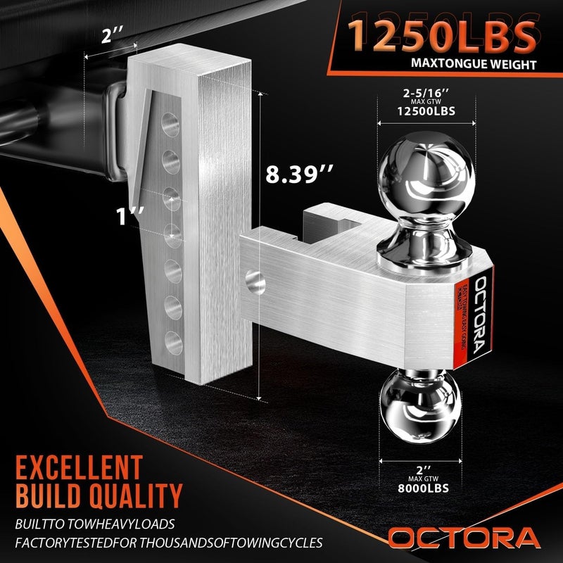 OCTORA Adjustable Trailer Hitch (Fits 2-Inch Receiver) - Aluminum Tow Hitch with 6-Inch Drop/Rise for Truck (12,500 LBS GTW) - Double Anti-Theft Locking Hitch Pins (Silver, 2inch-6Drop) - Image 4
