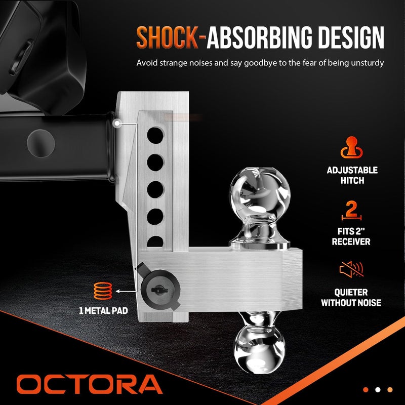 OCTORA Adjustable Trailer Hitch (Fits 2-Inch Receiver) - Aluminum Tow Hitch with 6-Inch Drop/Rise for Truck (12,500 LBS GTW) - Double Anti-Theft Locking Hitch Pins (Silver, 2inch-6Drop) - Image 2