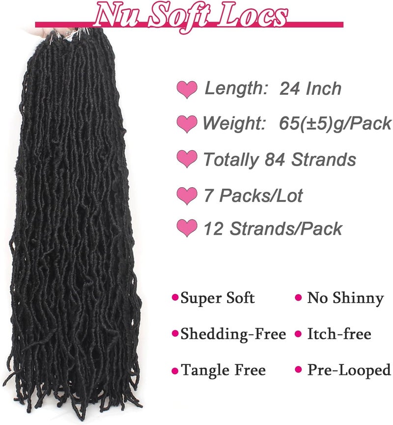Leeven 24 Inch Long Messy Faux Locs Crochet Braids Hair 7 Packs Natural Black Distressed Faux Soft Locs Crochet Hair 12 Strands/Pack Pre-looped Goddess Locs Crochet Braiding Hair - Image 4