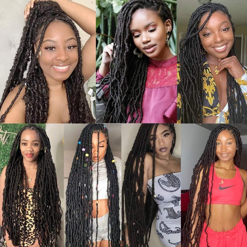Leeven 24 Inch Long Messy Faux Locs Crochet Braids Hair 7 Packs Natural Black Distressed Faux Soft Locs Crochet Hair 12 Strands/Pack Pre-looped Goddess Locs Crochet Braiding Hair - Image 5