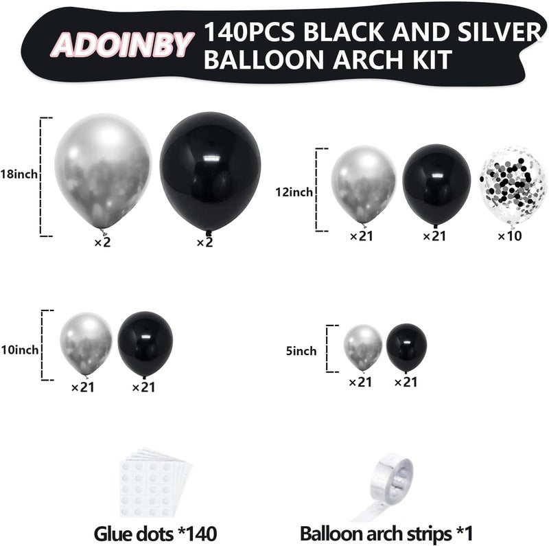 ADOINBY Black and Silver Balloon Arch Kit - 140Pcs for Birthday, Wedding, Graduation, and Anniversary Decorations - Image 2