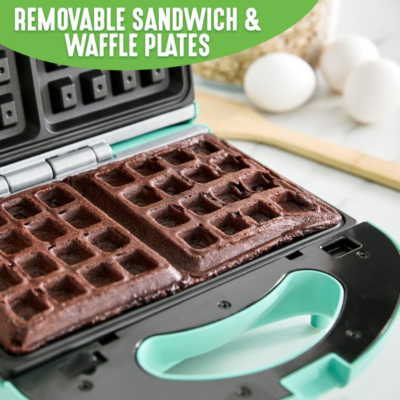 GreenLife Electric Waffle Sandwich Maker, Toaster, Panini Press with Healthy Ceramic Nonstick Plates, Perfect for Tuna Melts, Crispy Rice, Grilled Cheese, LED Indicator Light, PFAS-Free, Turquoise - Image 2