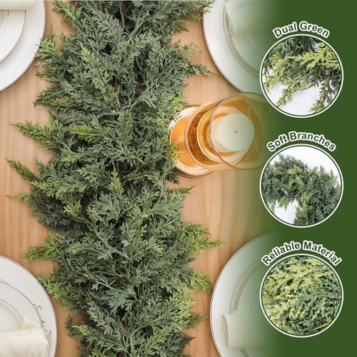 Jutom 1 Pcs 9 ft Christmas Cedar Garland Dual Green Realistic Cedar Pine Needles Garland Artificial Decoration for Table Mantel Wall Home Winter Holiday Party Decor - Image 3