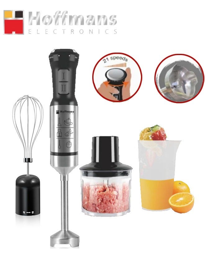 Hoffman's Appliance الهاند بلندر 4 في 1، 1000 واط، 21 سرعة، خلاط يدوي كهربائي مع مفرمة، وخلاط، وشفرات من الفولاذ المقاوم للصدأ للحساء، والعصائر، والهريس، وطعام الأطفال، HM-8026 - Image 1