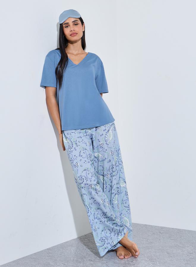 Styli Blue Solid V-Neck T-Shirt and Graphic Print Wide Leg Pants Pyjama Set - Image 1