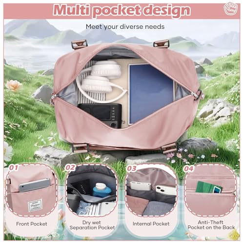 SEAFEW Pink Gym Bag with Wet Pocket, Foldable Travel Duffle Bag Carry On Weekender Bags for Women, Waterproof Overnight Bag for Travel, Gym, Yoga - Image 4