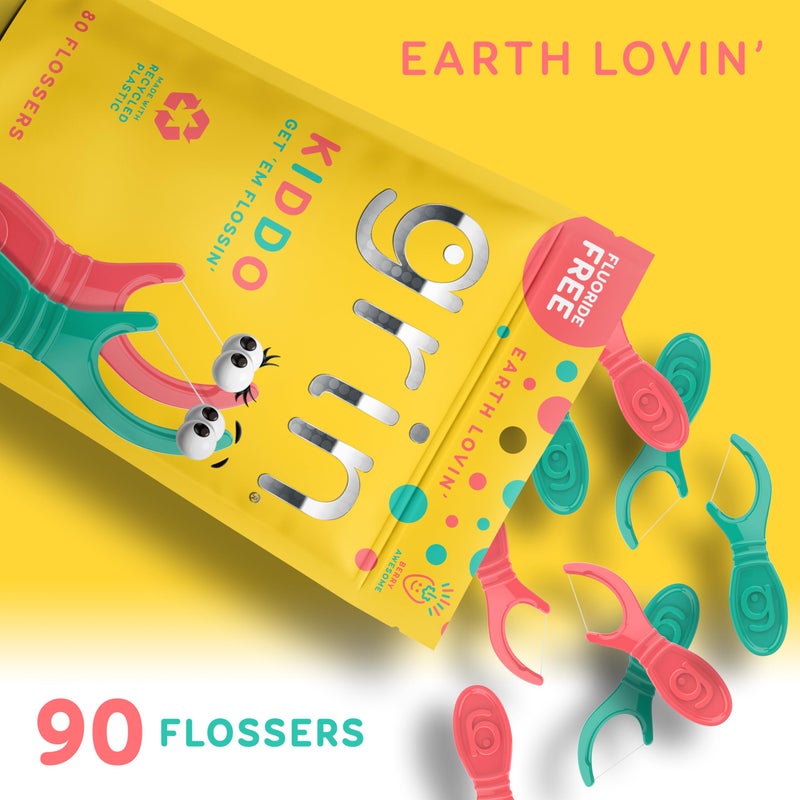 GRIN Kiddo Flossers, Berry Awesome Flavor, Recycled Plastic, Jumbo Grip, Get Your KIDDOS Flossinâ€™ Early, Larger Floss Head, Child Safe! 80 Count, Floss Picks, Dental Flossers - Image 2