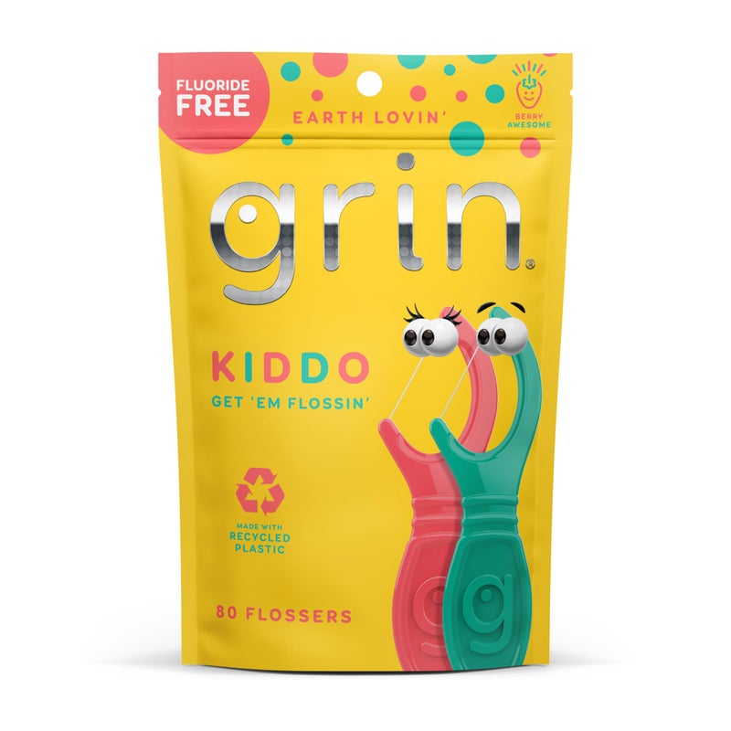 GRIN Kiddo Flossers, Berry Awesome Flavor, Recycled Plastic, Jumbo Grip, Get Your KIDDOS Flossinâ€™ Early, Larger Floss Head, Child Safe! 80 Count, Floss Picks, Dental Flossers - Image 1
