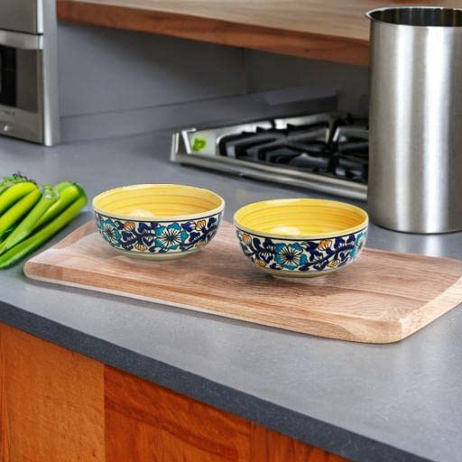 Caffeine Ceramic Handmade Royal Blue & Yellow Flowra Print Katori Bowls (200 ml, Set of 6) Microwave Safe & Dishwasher Safe - Image 3