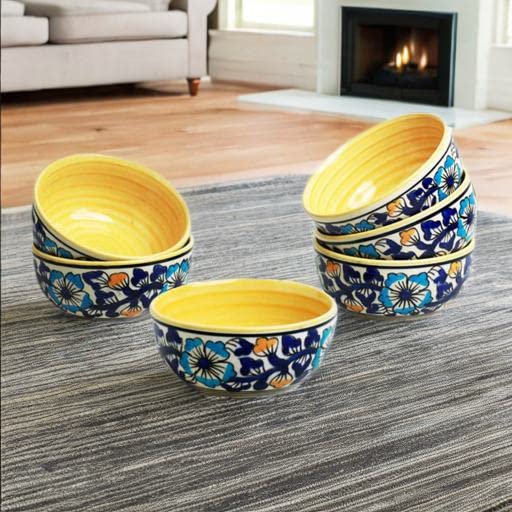 Caffeine Ceramic Handmade Royal Blue & Yellow Flowra Print Katori Bowls (200 ml, Set of 6) Microwave Safe & Dishwasher Safe - Image 1