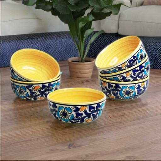 Caffeine Ceramic Handmade Royal Blue & Yellow Flowra Print Katori Bowls (200 ml, Set of 6) Microwave Safe & Dishwasher Safe - Image 2