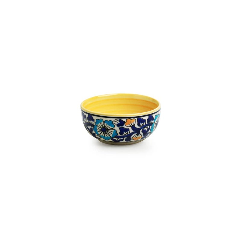 Caffeine Ceramic Handmade Royal Blue & Yellow Flowra Print Katori Bowls (200 ml, Set of 6) Microwave Safe & Dishwasher Safe - Image 4