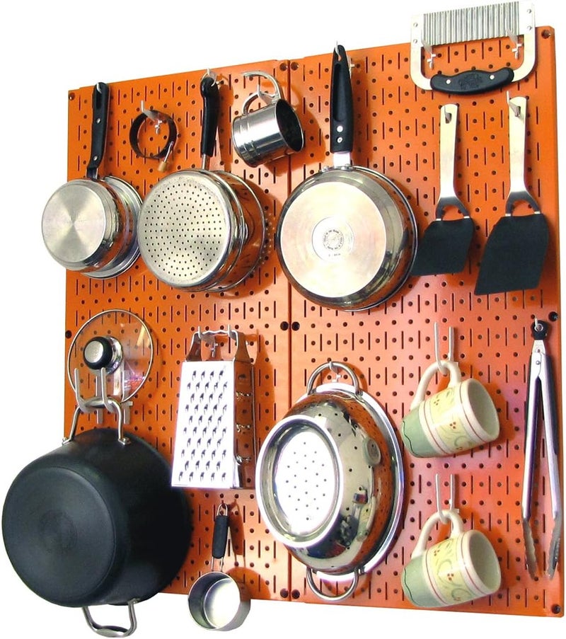 Wall Control Kitchen Pegboard Organizer Pots and Pans Storage Rack Organization Kit with Orange Pegboard and White Accessories - Image 1