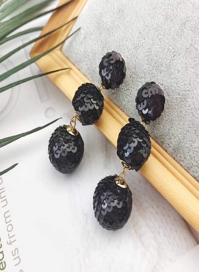 Coiris Sparkling Ball Dangle Earrings for Women Bohemian Handmade Sparkly Sequin Beaded Ball Lightweight Vacation Earrings(ER1084-black) - Image 2