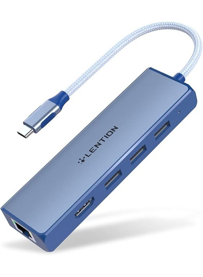 LENTION USB C Hub with Gigabit Ethernet Adapter, 4K HDMI, 3 USB 3.0 Dongle for 2025-2016 MacBook Pro 13/14/15/16, New Mac Air & Surface, Chromebook, More, Stable Driver Certified (CB-C25, Blue) - Image 1