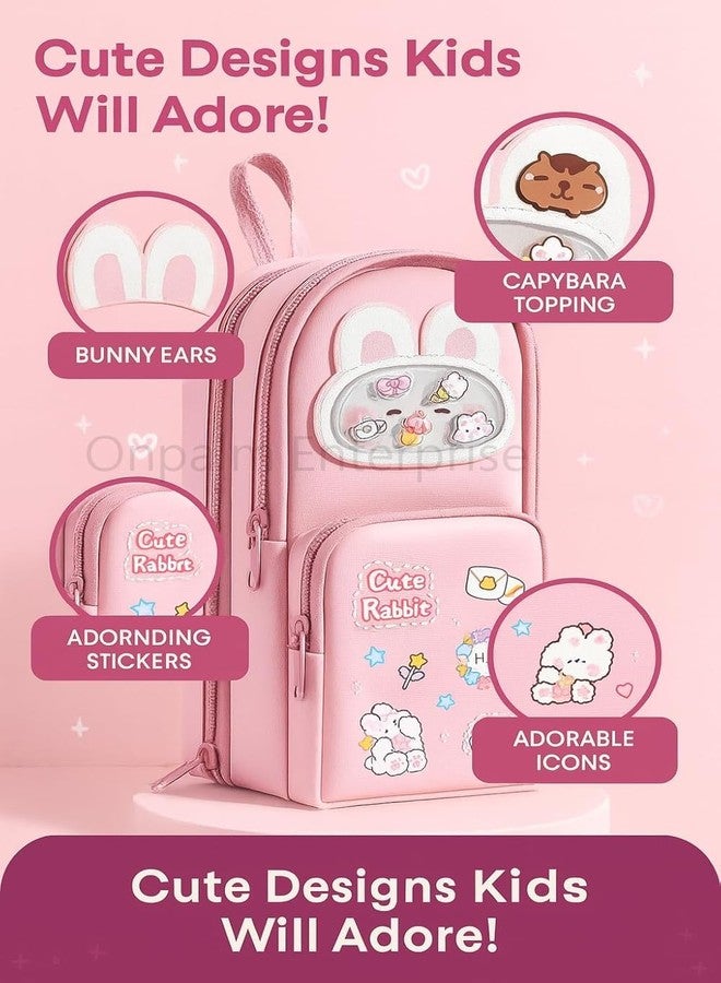 GETNAKSH Cute Rabbit Pencil Pouch for Kids with Cute Cat Eraser Set | 6-Layer Multi-Pocket Pen Bag for Girls | School Stationery Kit Combo | Cute Bunny Design Pink Pouch(Standing Rabbit + Eraser) - Image 4