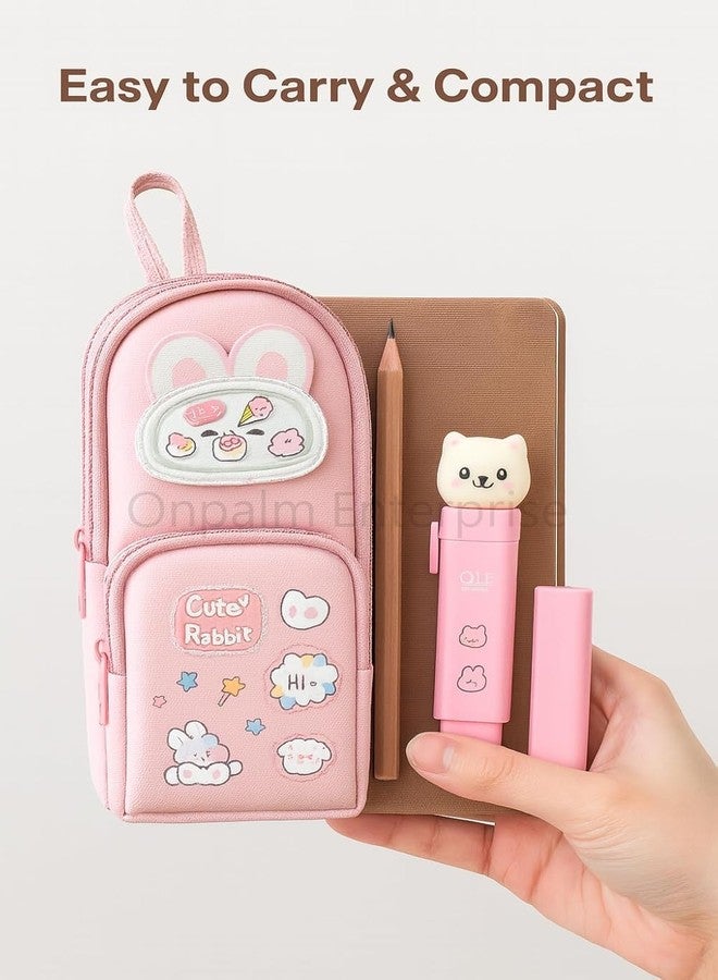 GETNAKSH Cute Rabbit Pencil Pouch for Kids with Cute Cat Eraser Set | 6-Layer Multi-Pocket Pen Bag for Girls | School Stationery Kit Combo | Cute Bunny Design Pink Pouch(Standing Rabbit + Eraser) - Image 5