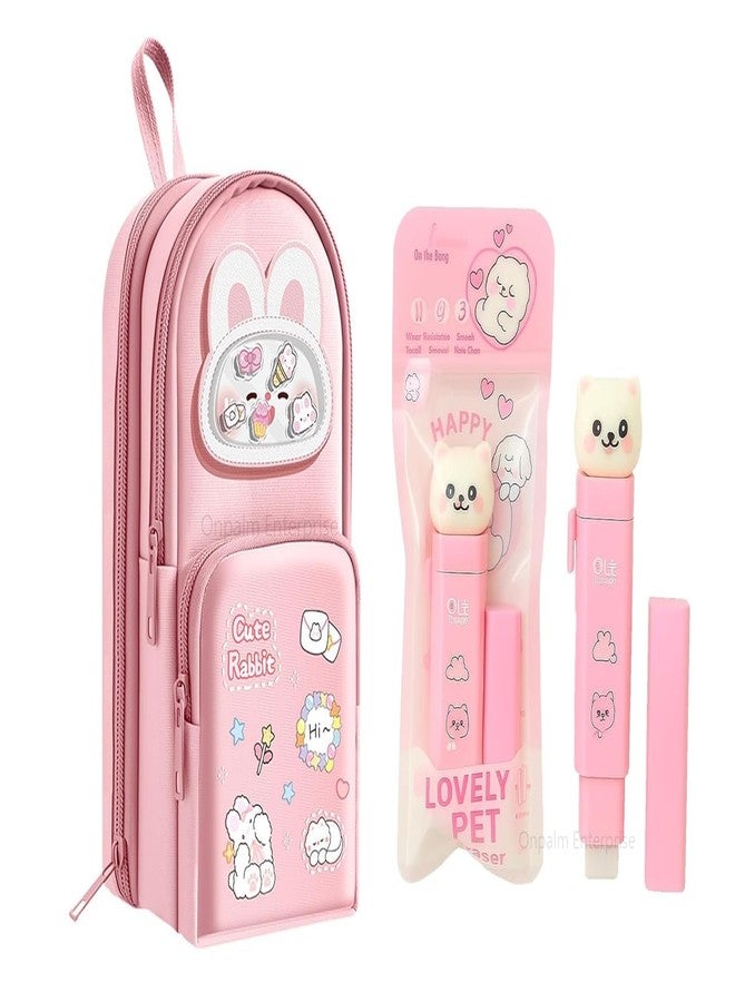 GETNAKSH Cute Rabbit Pencil Pouch for Kids with Cute Cat Eraser Set | 6-Layer Multi-Pocket Pen Bag for Girls | School Stationery Kit Combo | Cute Bunny Design Pink Pouch(Standing Rabbit + Eraser) - Image 1