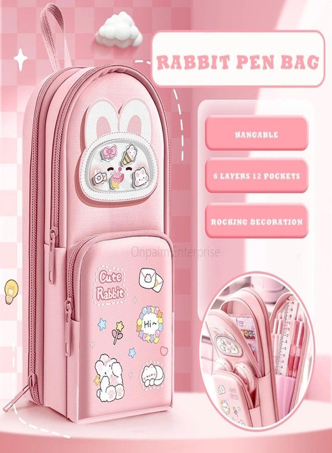 GETNAKSH Cute Rabbit Pencil Pouch for Kids with Cute Cat Eraser Set | 6-Layer Multi-Pocket Pen Bag for Girls | School Stationery Kit Combo | Cute Bunny Design Pink Pouch(Standing Rabbit + Eraser) - Image 3