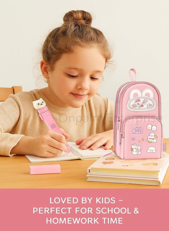 GETNAKSH Cute Rabbit Pencil Pouch for Kids with Cute Cat Eraser Set | 6-Layer Multi-Pocket Pen Bag for Girls | School Stationery Kit Combo | Cute Bunny Design Pink Pouch(Standing Rabbit + Eraser) - Image 2