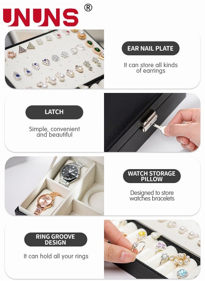 UNUNS - 2-Layer Jewelry And Watch Storage Box, PU Leather Jewelry/Watch Boxes For Women With Lock And Removable Partition - Image 1