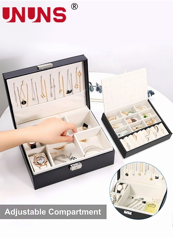 UNUNS - 2-Layer Jewelry And Watch Storage Box, PU Leather Jewelry/Watch Boxes For Women With Lock And Removable Partition - Image 1