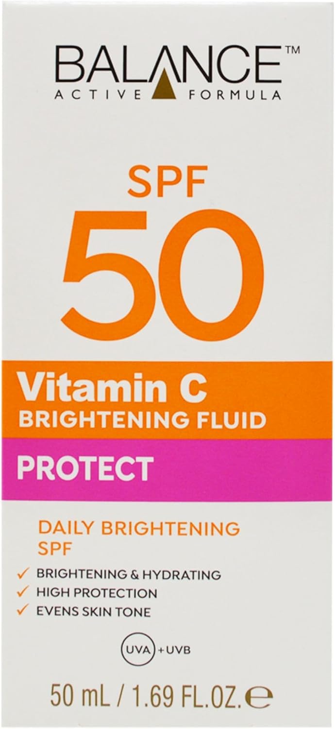 Balance Active Formula Vitamin C Brightening Fluid SPF 50 50ml Daily Facial Moisturiser with Broad Spectrum UV Protection No White Cast Sunscreen for All Skin Types