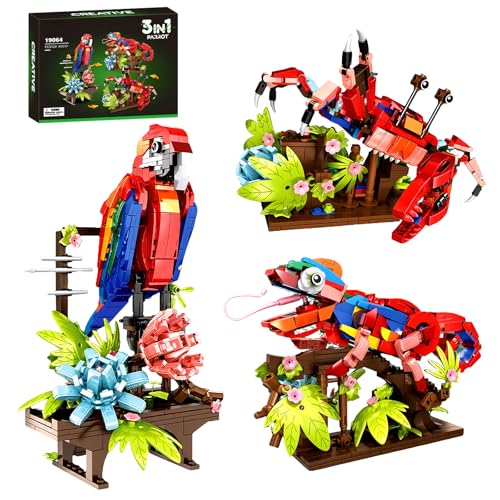 APENGBAOL 3in1 Parrot Building Sets 538 PCS Chameleon Crab Animal Model with Flowers Creative Bird Construction Kit for Adults Nature Display Gift Compatible with Major Brands - Image 1