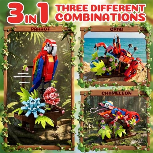 APENGBAOL 3in1 Parrot Building Sets 538 PCS Chameleon Crab Animal Model with Flowers Creative Bird Construction Kit for Adults Nature Display Gift Compatible with Major Brands - Image 5