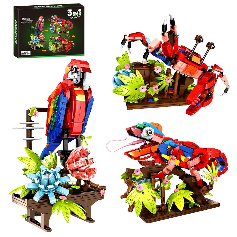 APENGBAOL 3in1 Parrot Building Sets 538 PCS Chameleon Crab Animal Model with Flowers Creative Bird Construction Kit for Adults Nature Display Gift Compatible with Major Brands - Image 3