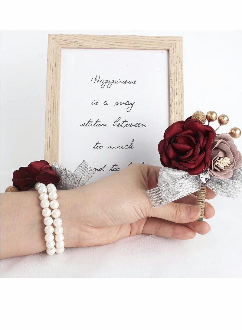SOLARAE Elegant Red Rose Wrist Corsage and Boutonniere Set for Weddings, Proms, and Parties - Artificial Flower Corsages with Ribbon Bracelet for Bridesmaids - Set of 2 - Image 3