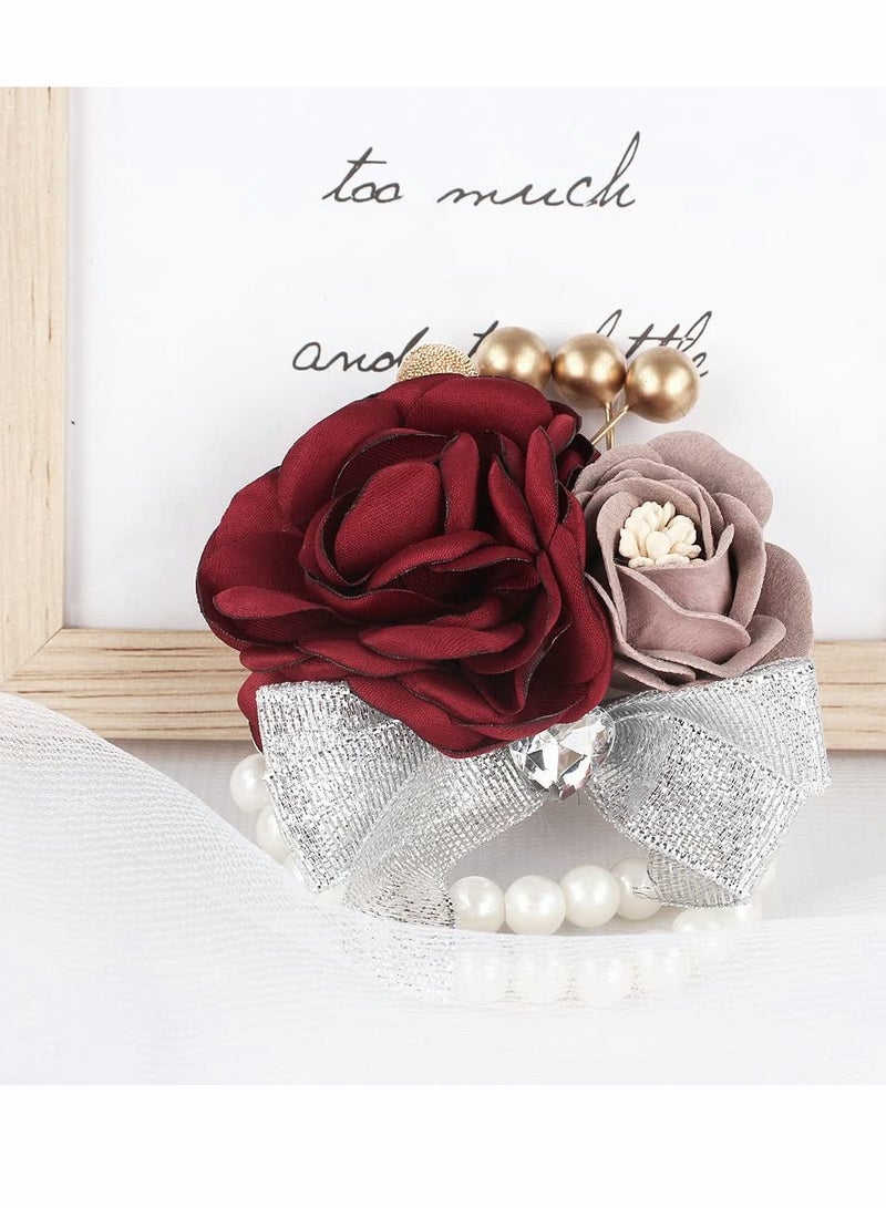 SOLARAE Elegant Red Rose Wrist Corsage and Boutonniere Set for Weddings, Proms, and Parties - Artificial Flower Corsages with Ribbon Bracelet for Bridesmaids - Set of 2 - Image 4