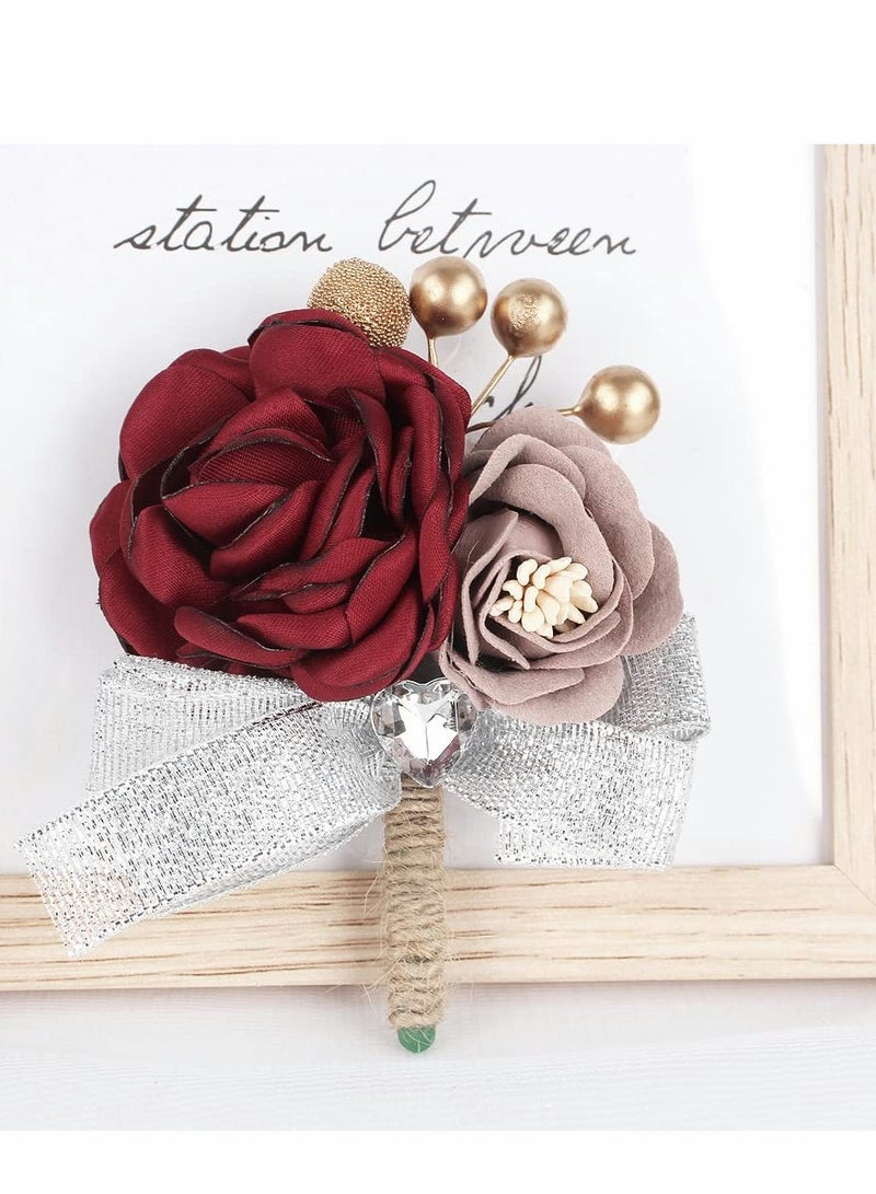SOLARAE Elegant Red Rose Wrist Corsage and Boutonniere Set for Weddings, Proms, and Parties - Artificial Flower Corsages with Ribbon Bracelet for Bridesmaids - Set of 2 - Image 5