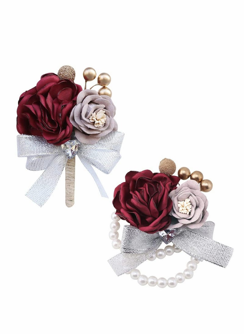 SOLARAE Elegant Red Rose Wrist Corsage and Boutonniere Set for Weddings, Proms, and Parties - Artificial Flower Corsages with Ribbon Bracelet for Bridesmaids - Set of 2 - Image 1