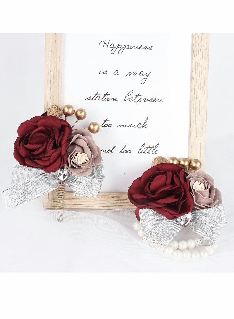 SOLARAE Elegant Red Rose Wrist Corsage and Boutonniere Set for Weddings, Proms, and Parties - Artificial Flower Corsages with Ribbon Bracelet for Bridesmaids - Set of 2 - Image 2