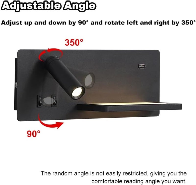LED Black Wall Sconce Adjustable Bedside Reading Light Indoor Ambient Lighting for Bedroom, headboard sconces with Switch USB Charging Port, Living Room Hotel Read Lamps(Right) (Right) - Image 4