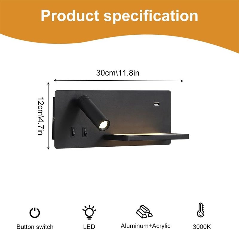 LED Black Wall Sconce Adjustable Bedside Reading Light Indoor Ambient Lighting for Bedroom, headboard sconces with Switch USB Charging Port, Living Room Hotel Read Lamps(Right) (Right) - Image 5