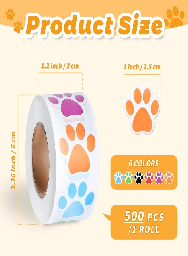 Aixoom 500 Pcs Paw Print Sticker 1" Cute Dog Cat Paw Sticker - Self-Adhesive Small Colorful Puppy Paw Print Sticker Roll - Image 2