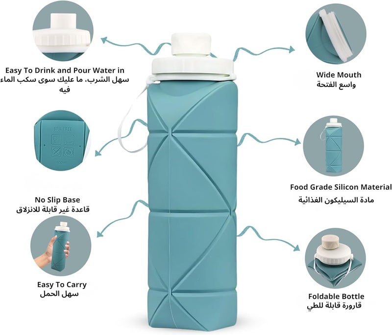BrainGiggles Collapsible Water Bottles Silicone Folding Cup Leakproof Valve Reusable BPA Free Tumbler Lightweight Foldable Travel Water Bottle for Gym Camping Hiking Travel Sports (Blue, 600ML) - Image 2