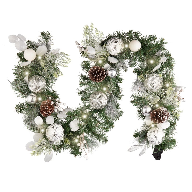 Valery Madelyn 6 Feet PreLit Christmas Garland with Lights for Mantle Lighted Outdoor Xmas Garland with Snowy White Ball Pinecones for Home Stairs Fireplace Table Centerpiece Indoor Holiday Decor