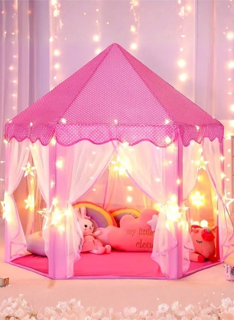 LIMOS Princess Castle Tent for Girls Fairy Play Tents for Kids Hexagon Playhouse for Children or Toddlers Indoor or Outdoor Games Pink With Star Lights (140x140x135cm) - Image 1